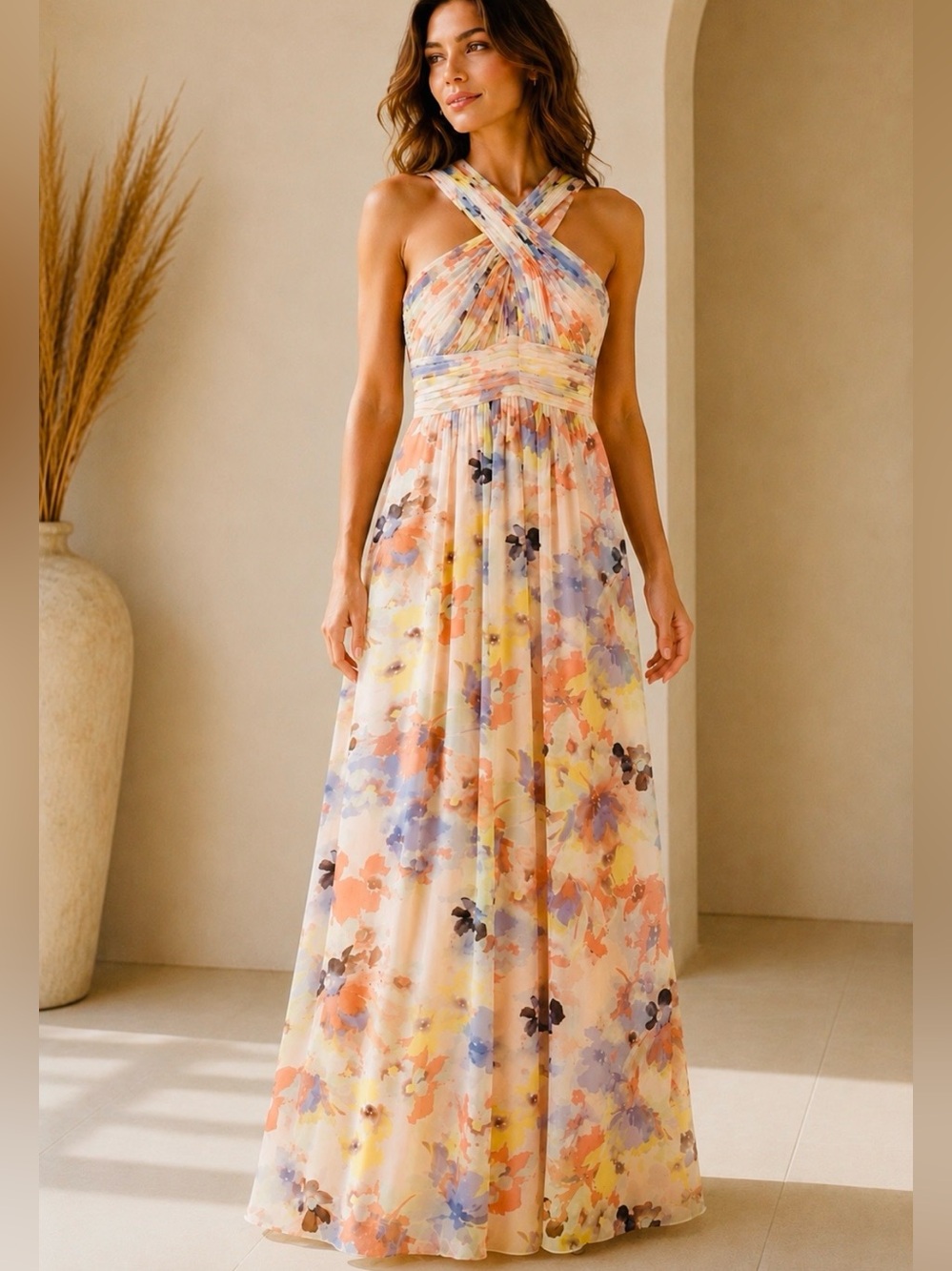 Elegant Calvin Klein Cross-Front Floral Maxi Dress in Pastel Colours